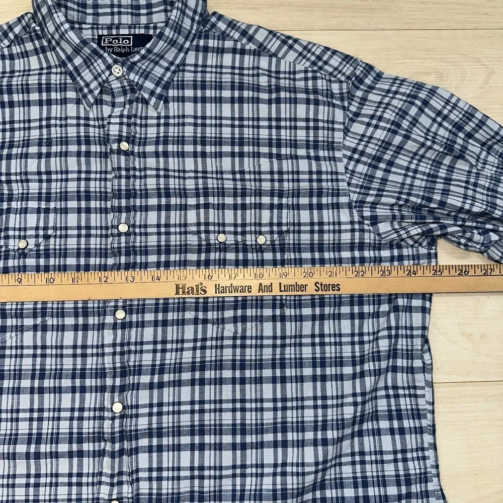 Polo Ralph Lauren Western Pearl Snap Shirt Mens XL Blue Plaid Linen Cotton Blend